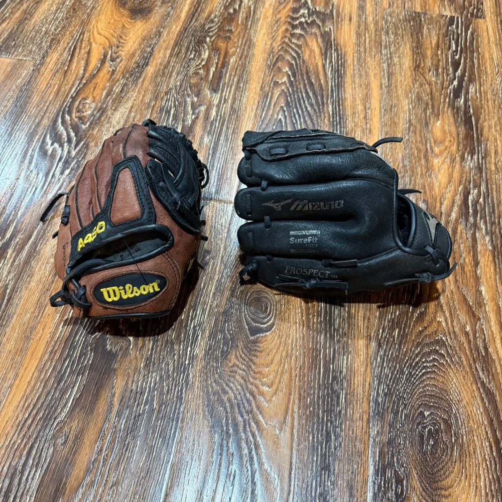Wilson T-ball Mizuno 10 Inch Baseball Gloves Kids Brown Black A450 Bundle